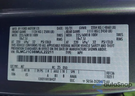 2021 Lincoln Corsair Standard from USA, damaged, VIN 5LMCJ1C98MUL22211